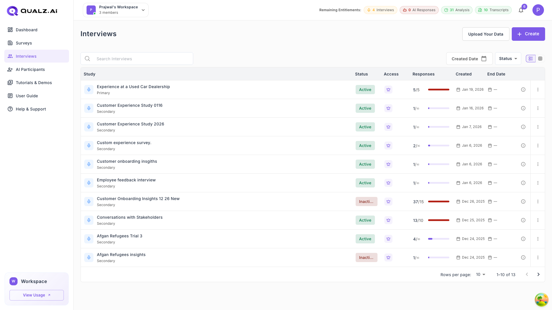 Interviews list in Qualz
