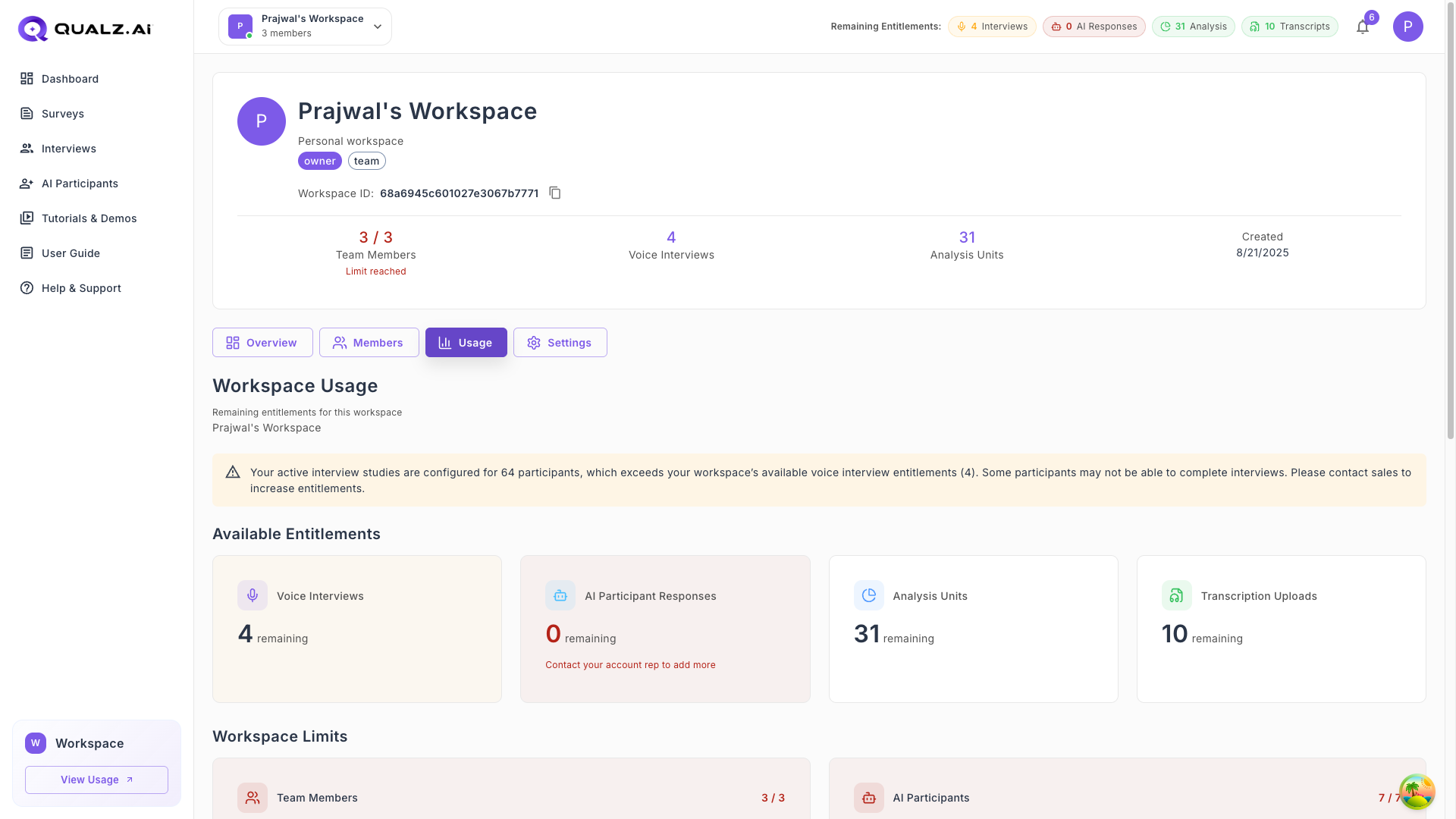 Workspace Usage Overview