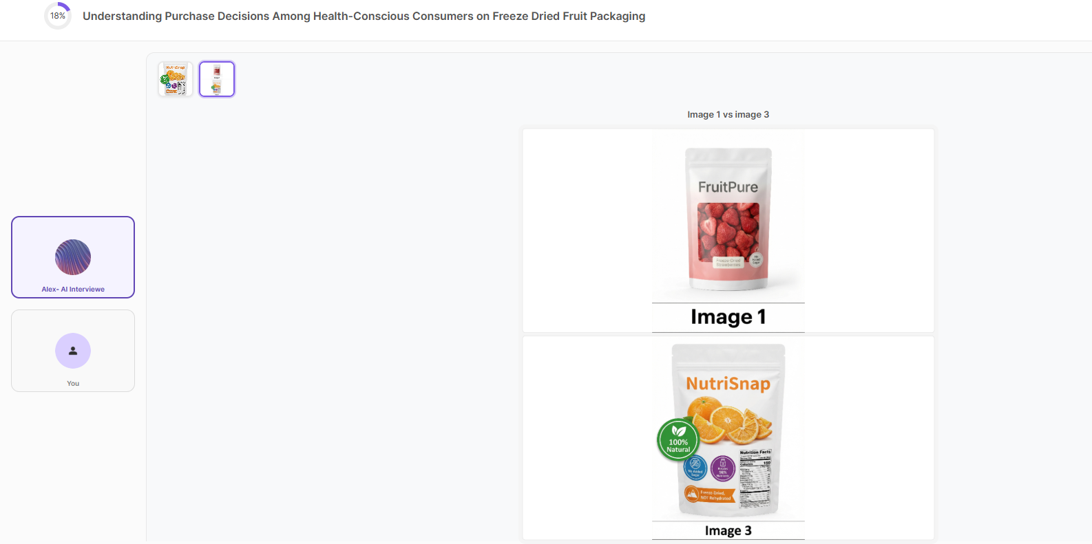 Two packaging concepts displayed side by side during a participant interview for direct comparison