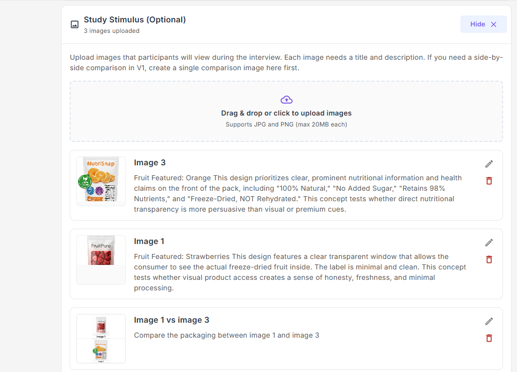 Study Stimulus upload panel — drag-and-drop area with uploaded images showing titles and descriptions