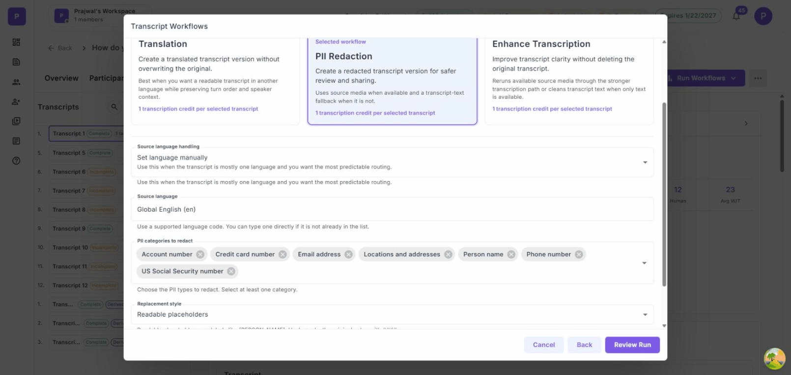 PII Redaction configuration showing selected categories and replacement style options