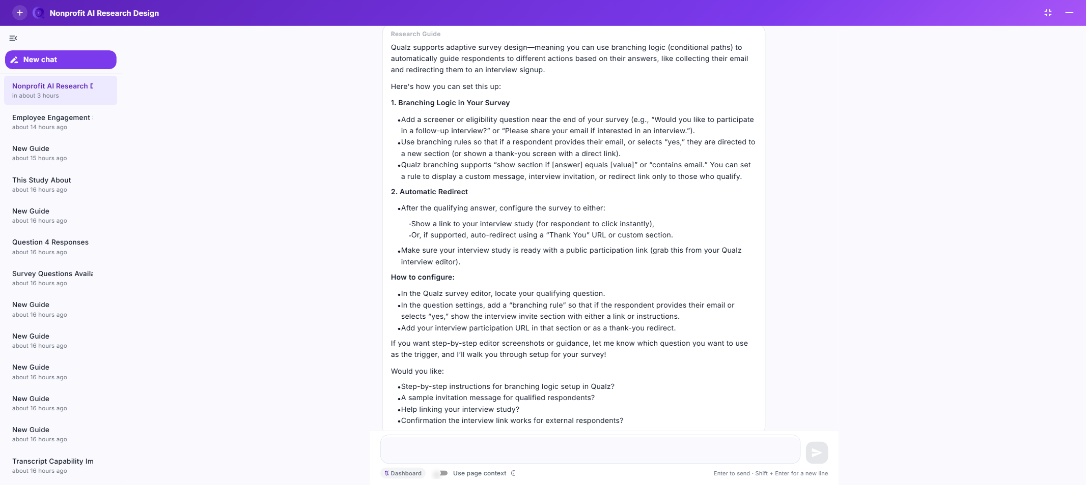 Research Guide in full-screen mode with a list of previous conversations on the left and an active chat on the right
