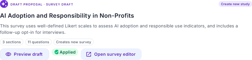An interview-guide draft appearing in the conversation with Preview, Applied, and Open editor actions