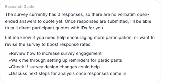 Assistant reply with a verbatim survey answer quoted and tagged with a participant ID
