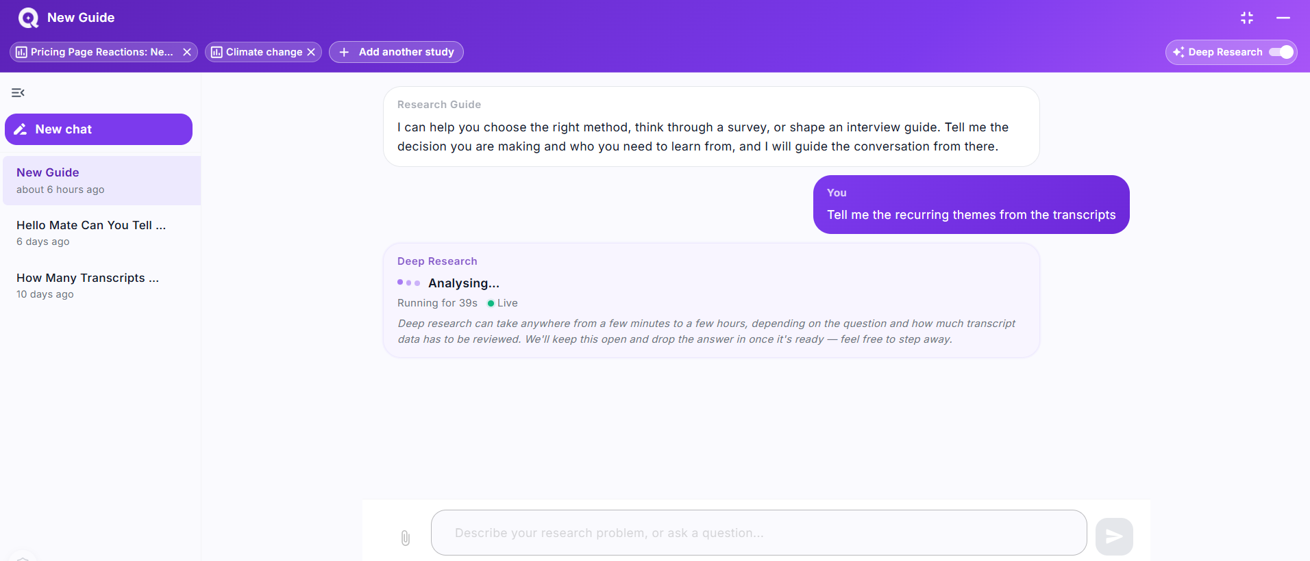 The Research Guide composer with a study attached at the top and the Deep Research toggle switched ON