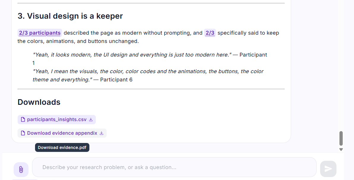 A Deep Research reply with CSV and PDF download chips under the answer