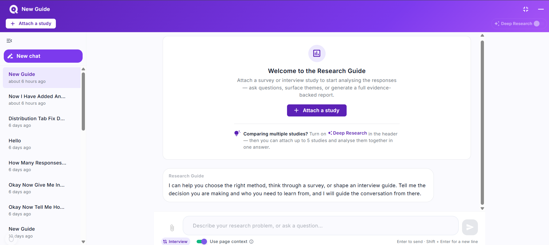 Research Guide's empty state showing the Welcome hero and the Attach a study call-to-action