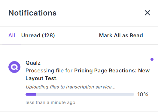 The notifications panel showing a file being processed, with the message uploading files to transcription service and a progress bar at 10 percent