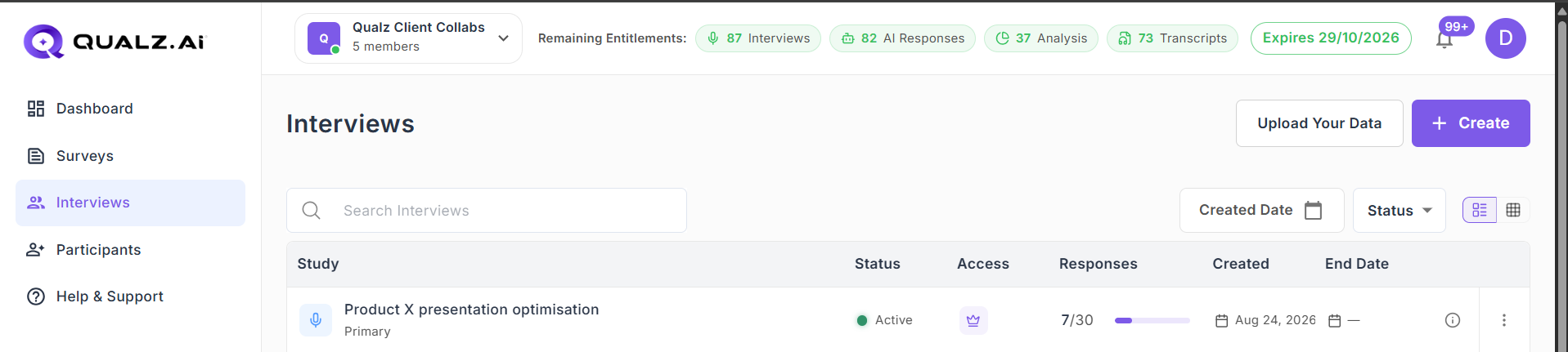 The Interviews list with the Upload Your Data button in the top right, beside the Create button